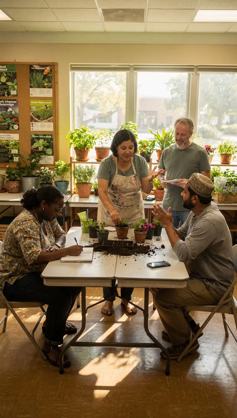 Diverse group of community members sharing ideas in a local meeting space.