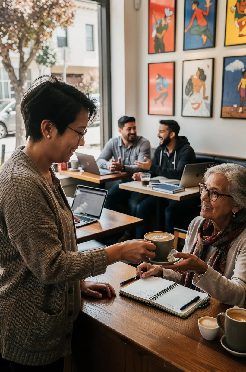 Close-up of hands exchanging knowledge through printed guides and digital devices.